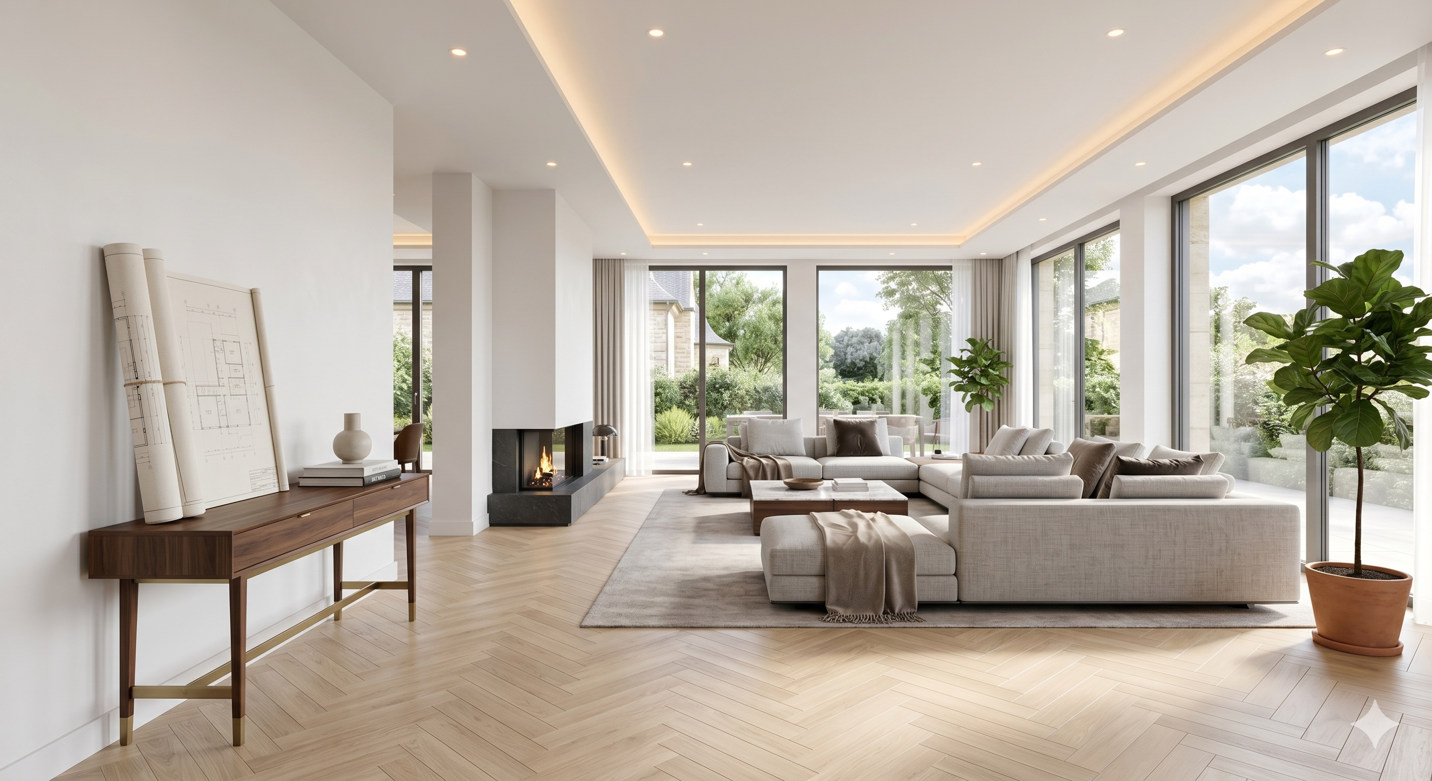 Salon haut de gamme avec éclairage encastré réalisé par V.E. Électricité