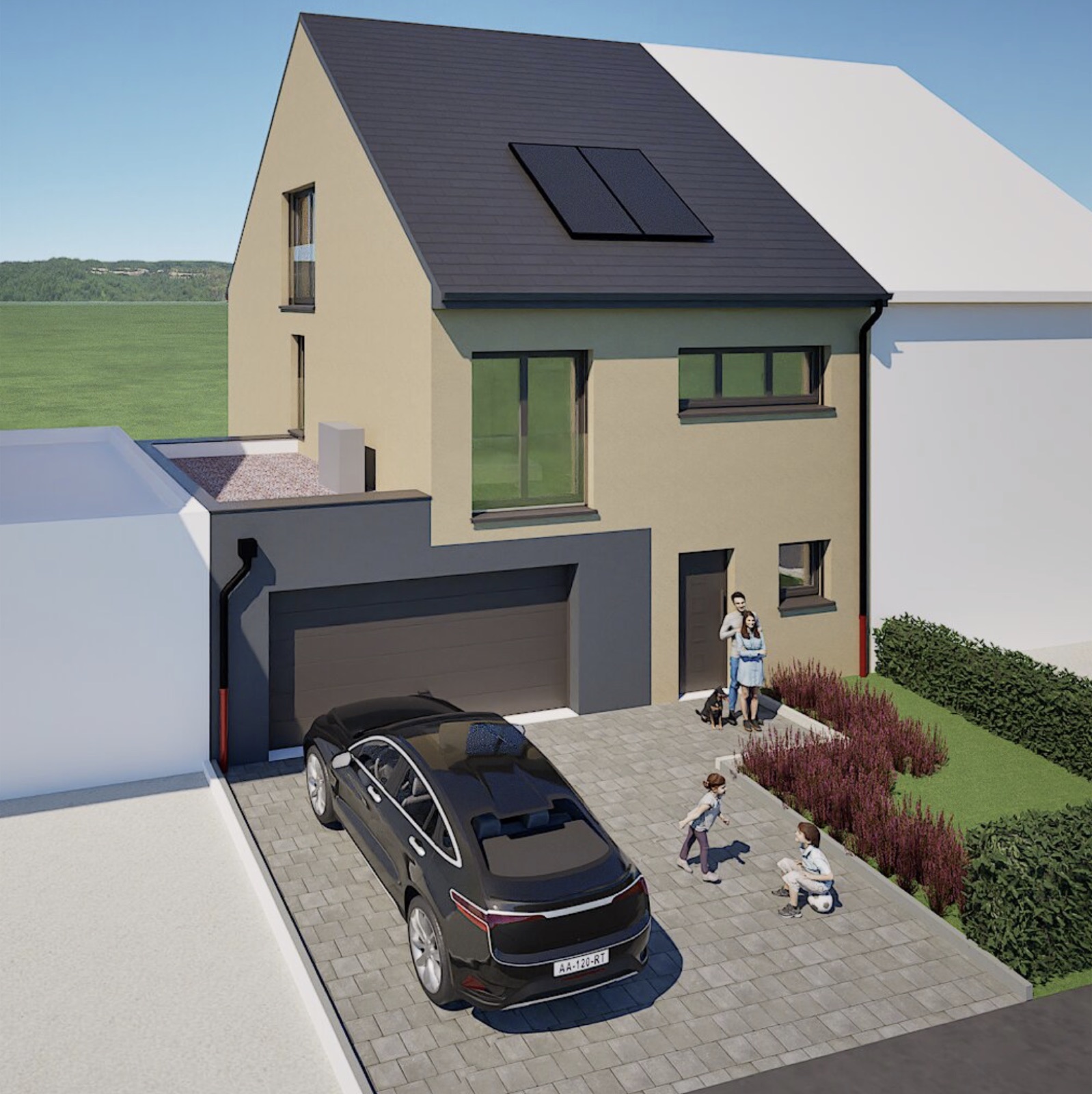 Pavillon individuel neuf avec installation électrique et panneaux solaires en toiture